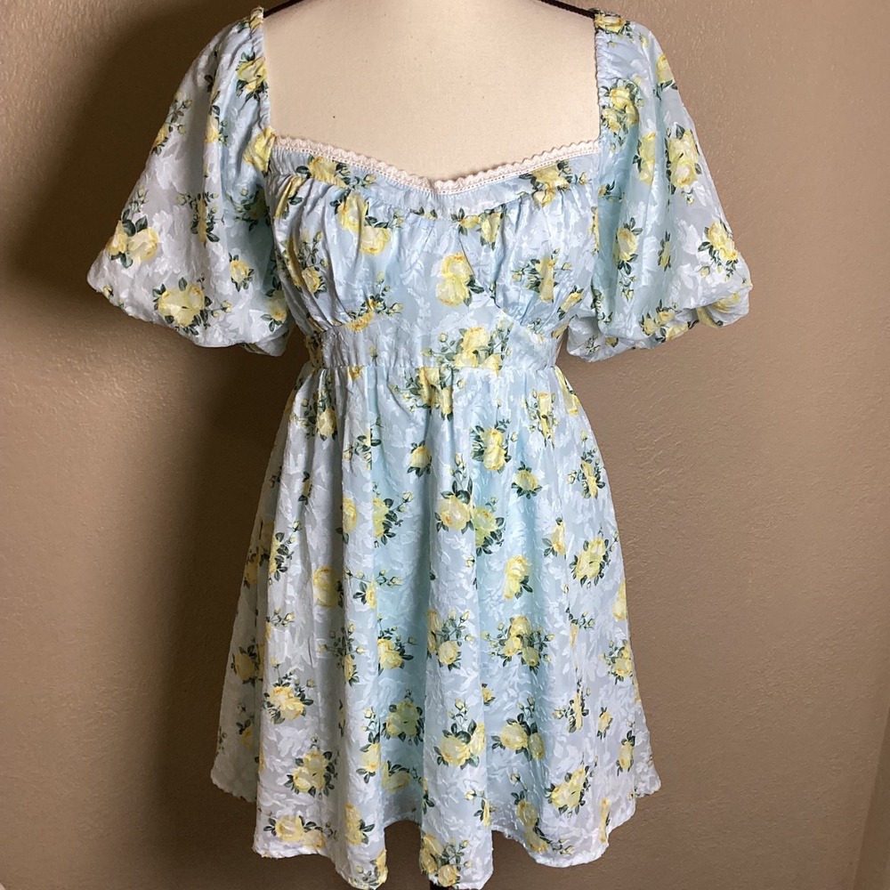 Altar'd State NWT Blue/Yellow Floral Puff Sleeve Cutout Tie Back Mini Dress LG‎